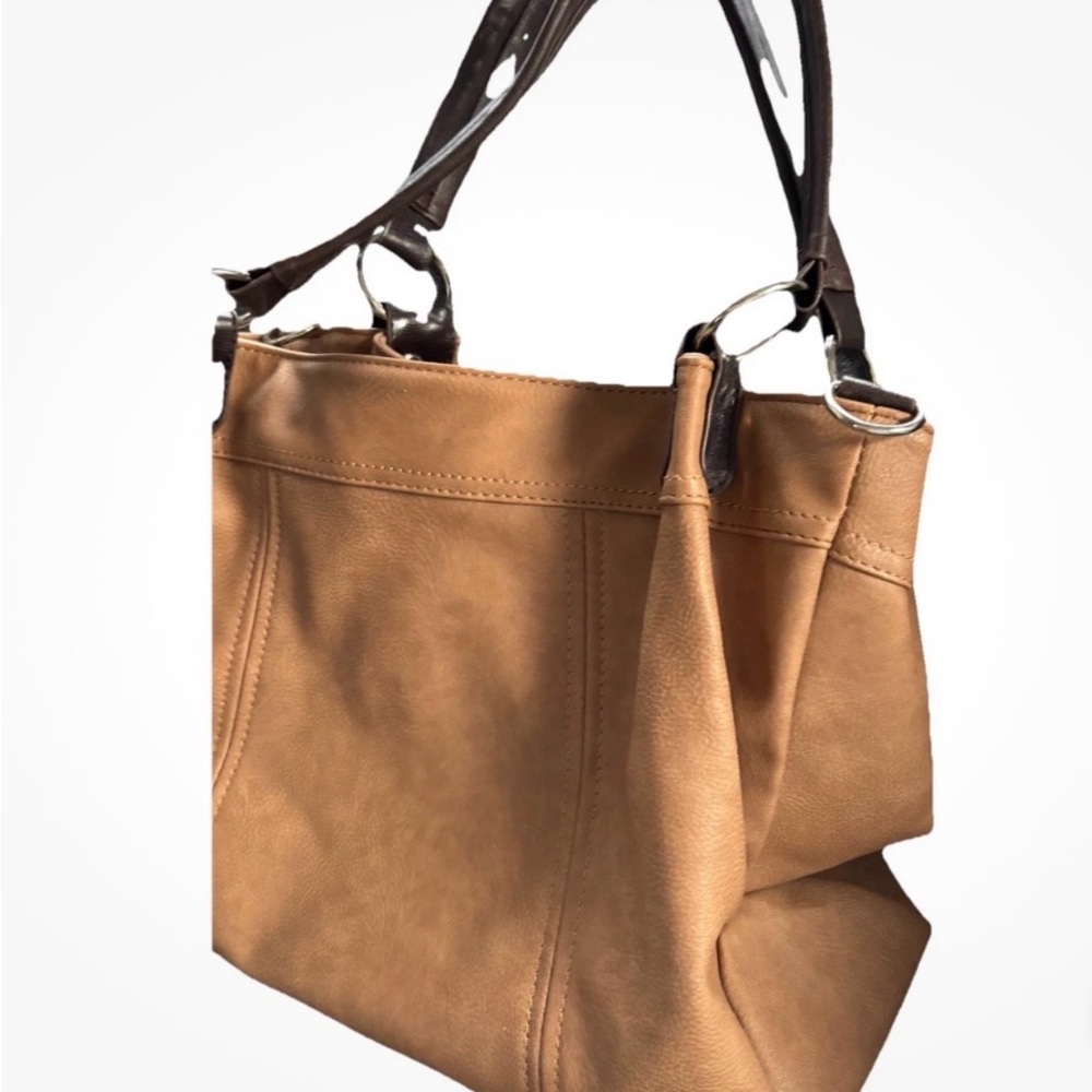 Nappa medium/large tan and dark brown tote bag.